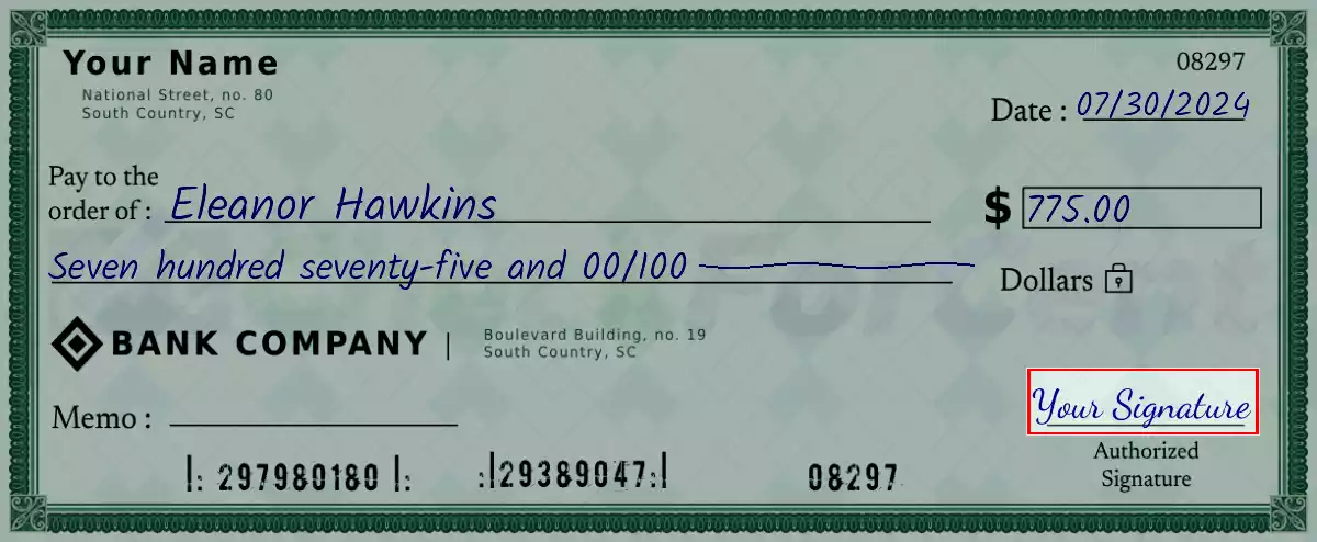 Sign the 775 dollar check