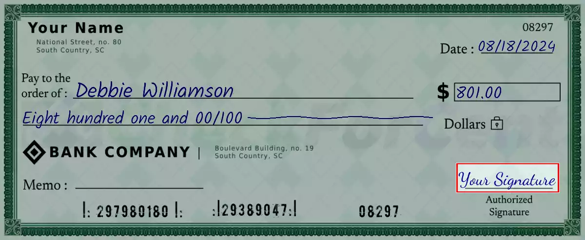 Sign the 801 dollar check