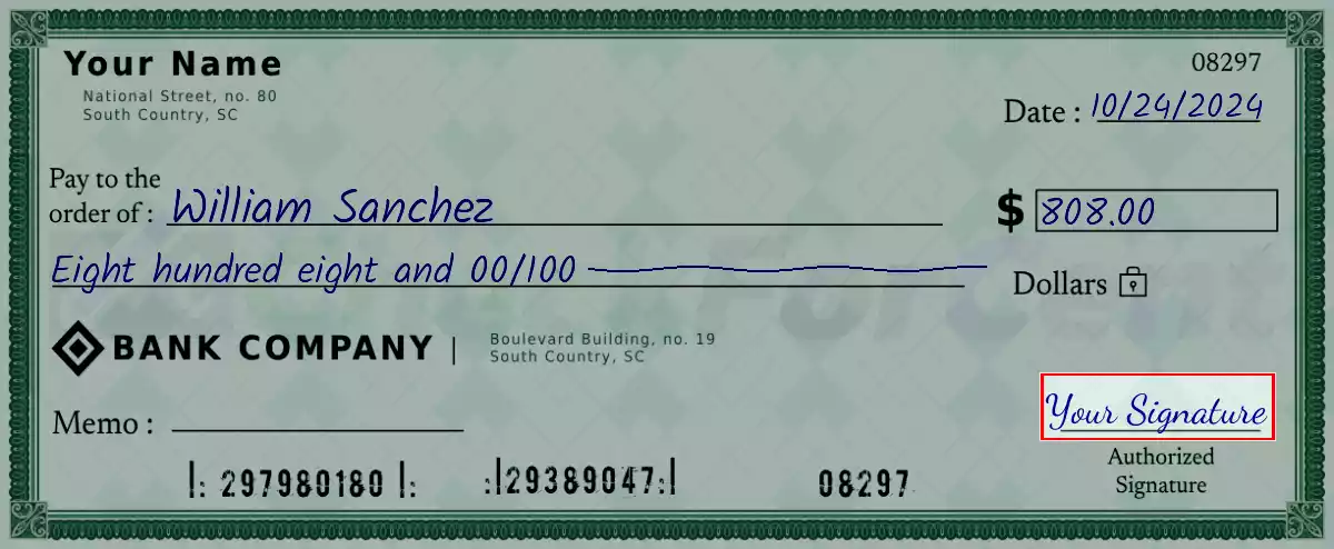 Sign the 808 dollar check