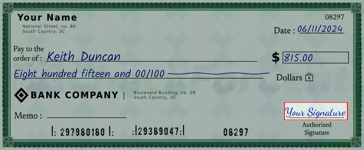 Sign the 815 dollar check