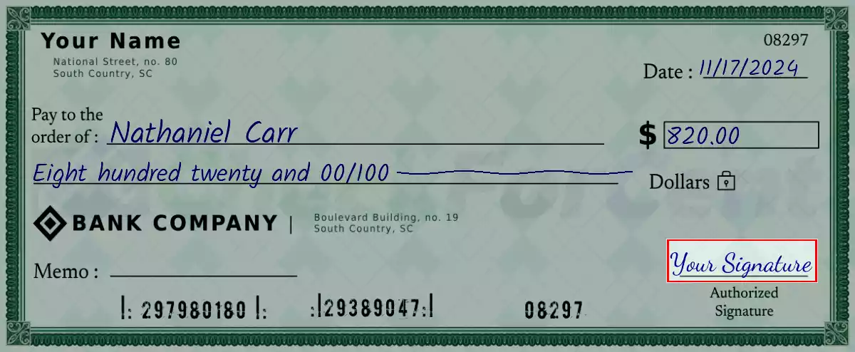Sign the 820 dollar check