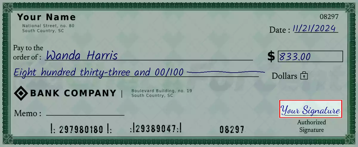 Sign the 833 dollar check