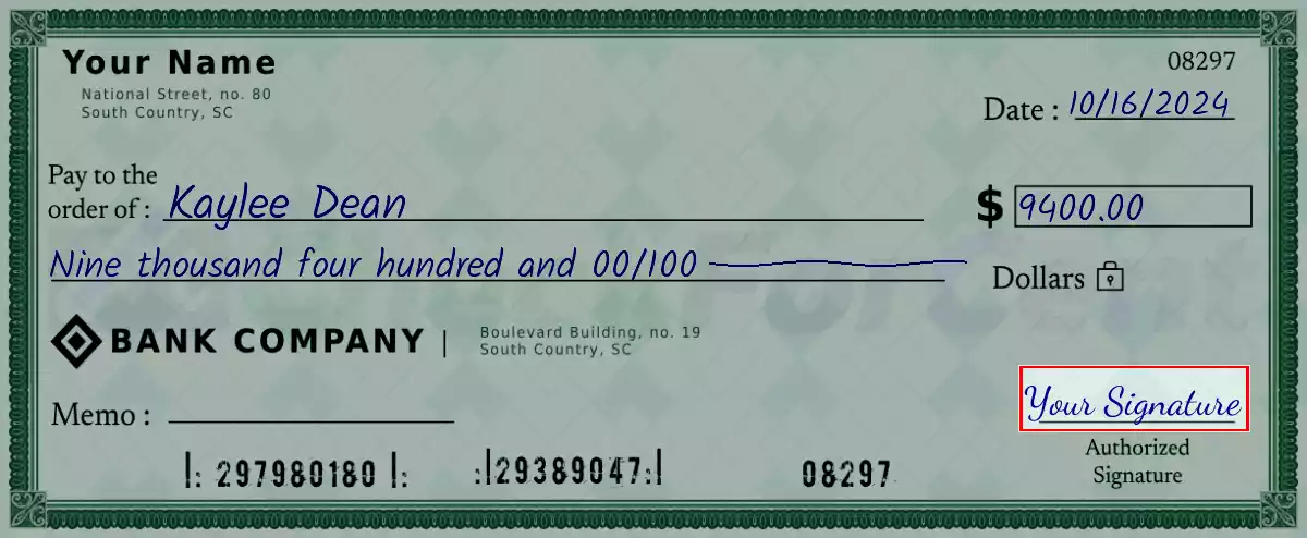 Sign the 9400 dollar check