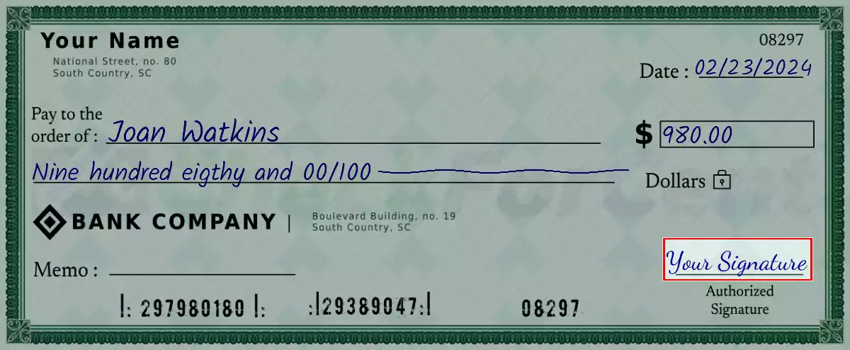 Sign the 980 dollar check
