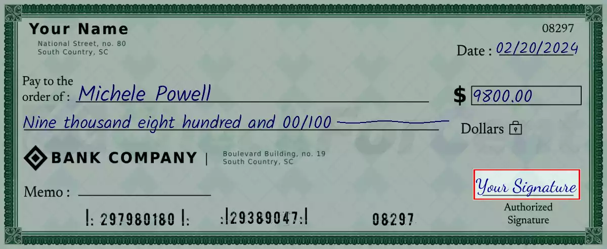 Sign the 9800 dollar check