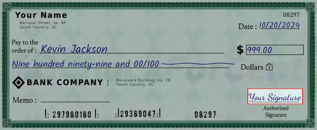Sign the 999 dollar check