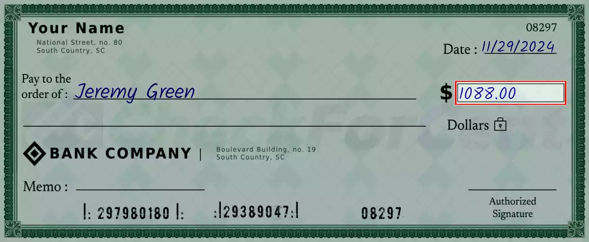 Write the amount 1088 on the check