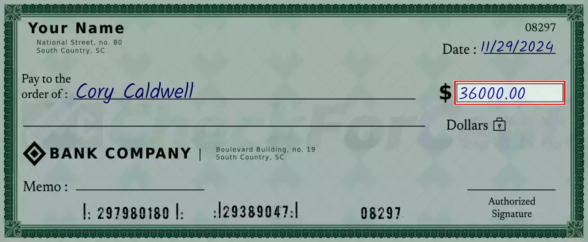 Write the amount 36000 on the check