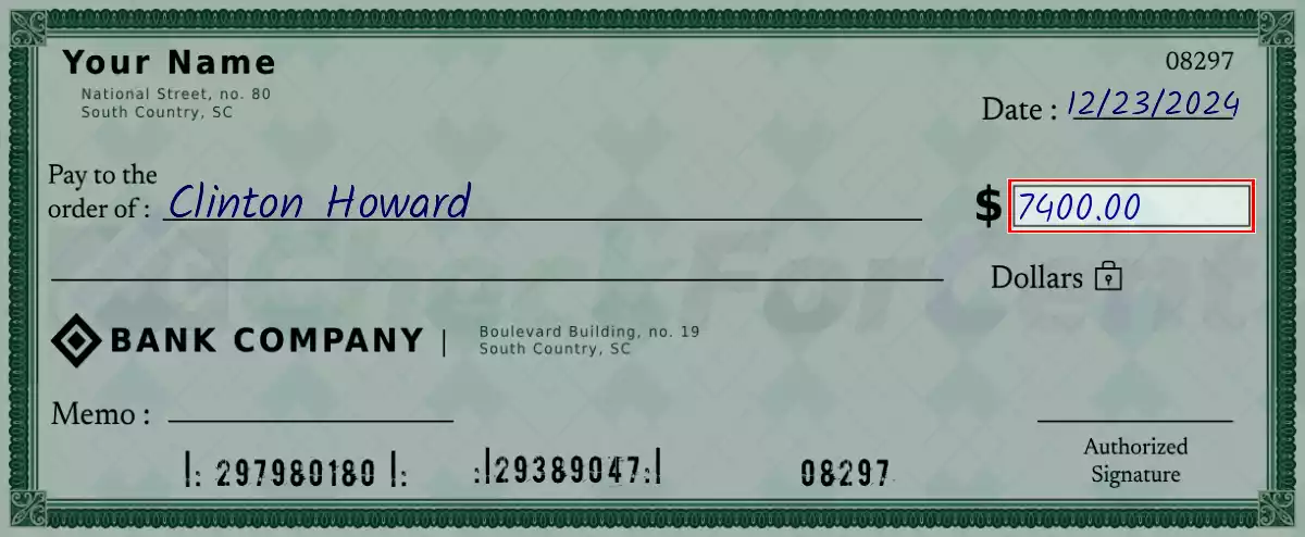 Write the amount 7400 on the check