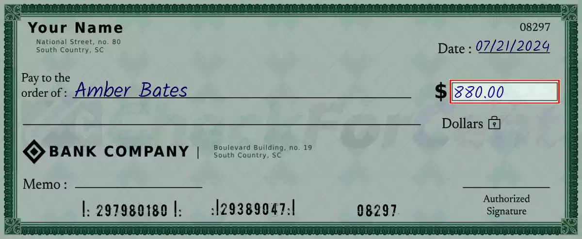 Write the amount 880 on the check