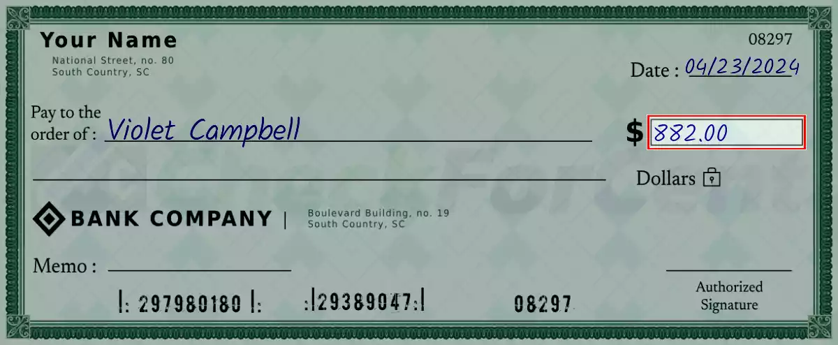 Write the amount 882 on the check