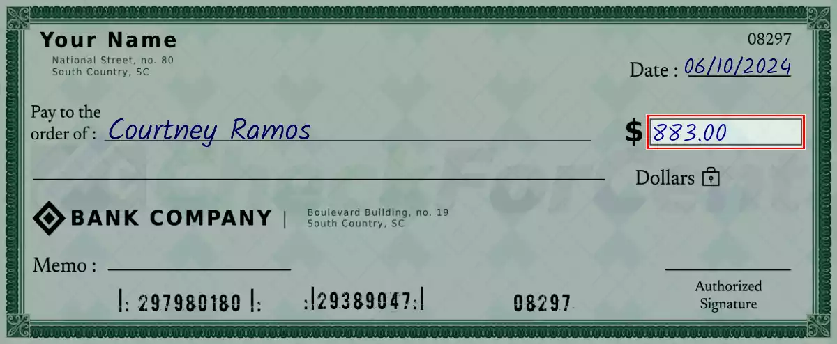 Write the amount 883 on the check