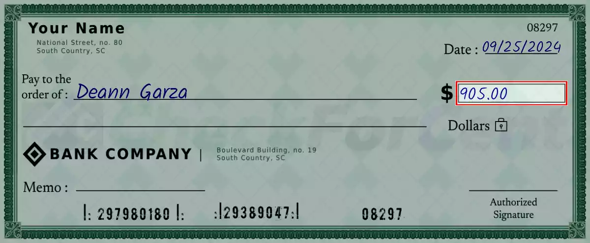 Write the amount 905 on the check
