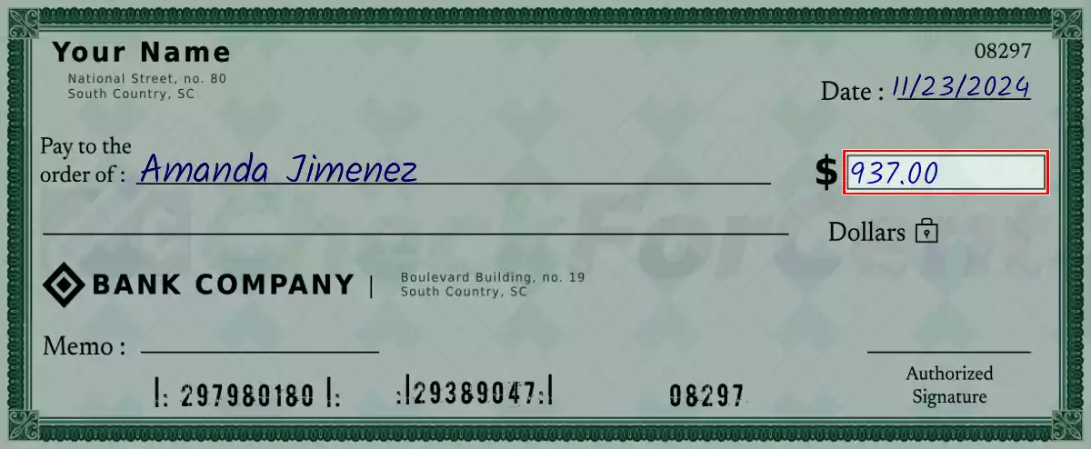 Write the amount 937 on the check