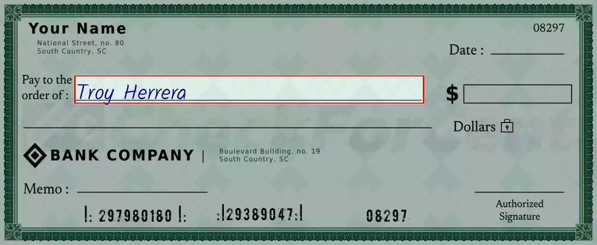 Write the payee’s name on the 1402 dollar check