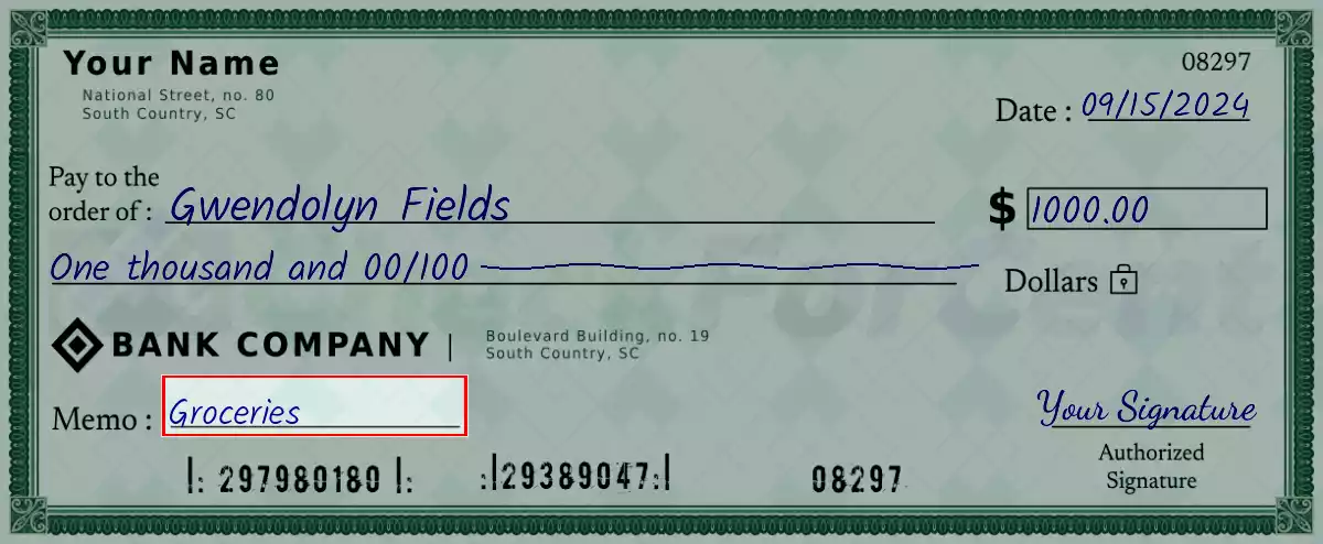Write the purpose of the 1000 dollar check
