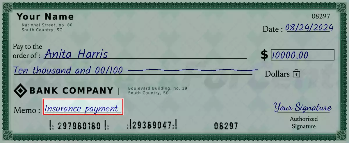 Write the purpose of the 10000 dollar check