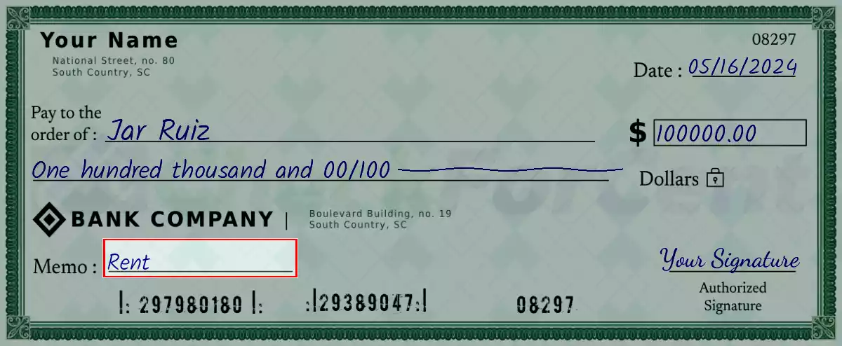 Write the purpose of the 100000 dollar check