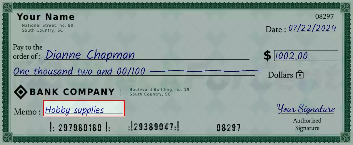 Write the purpose of the 1002 dollar check