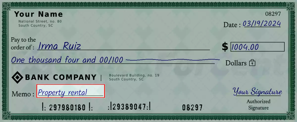 Write the purpose of the 1004 dollar check