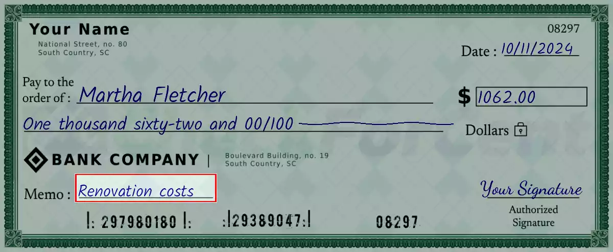 Write the purpose of the 1062 dollar check