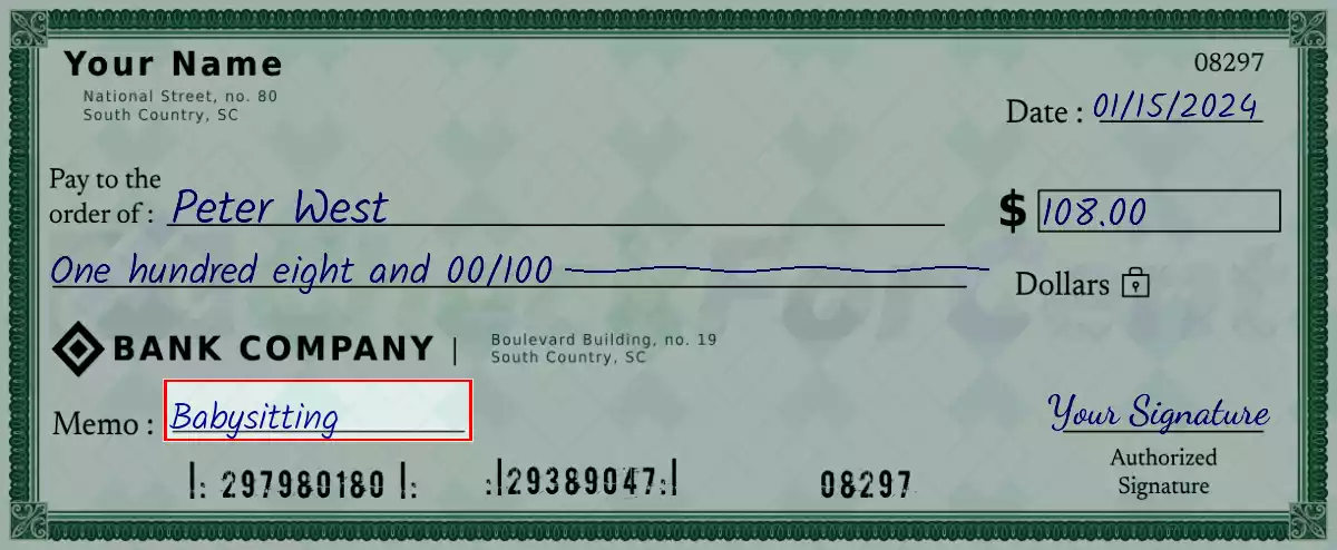 Write the purpose of the 108 dollar check