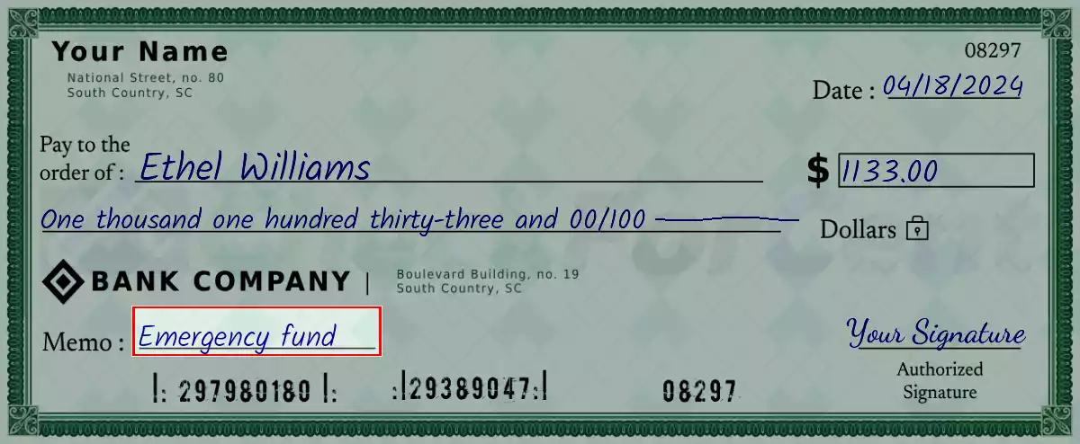 Write the purpose of the 1133 dollar check