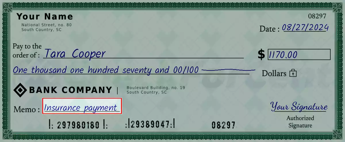 Write the purpose of the 1170 dollar check