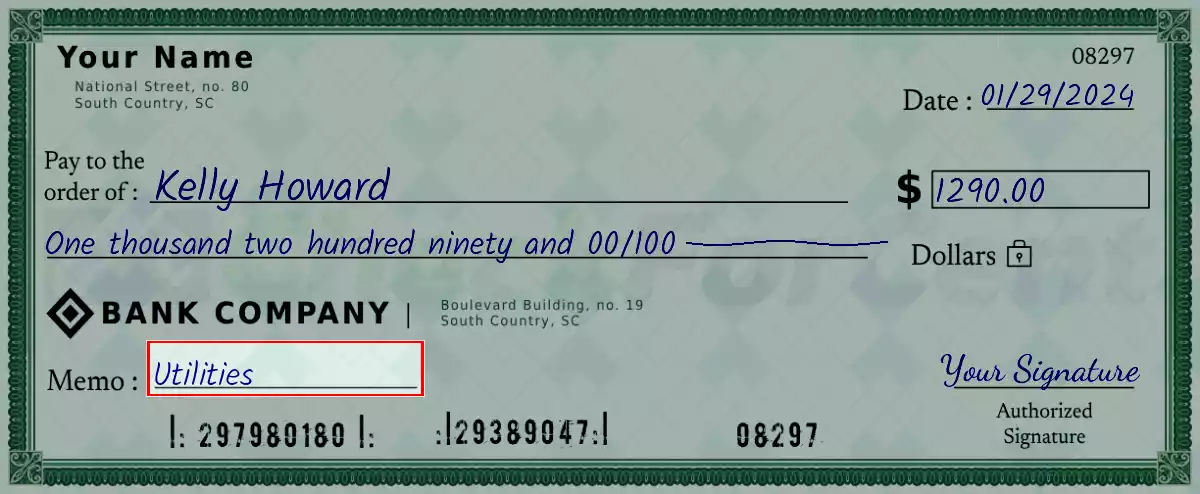 Write the purpose of the 1290 dollar check