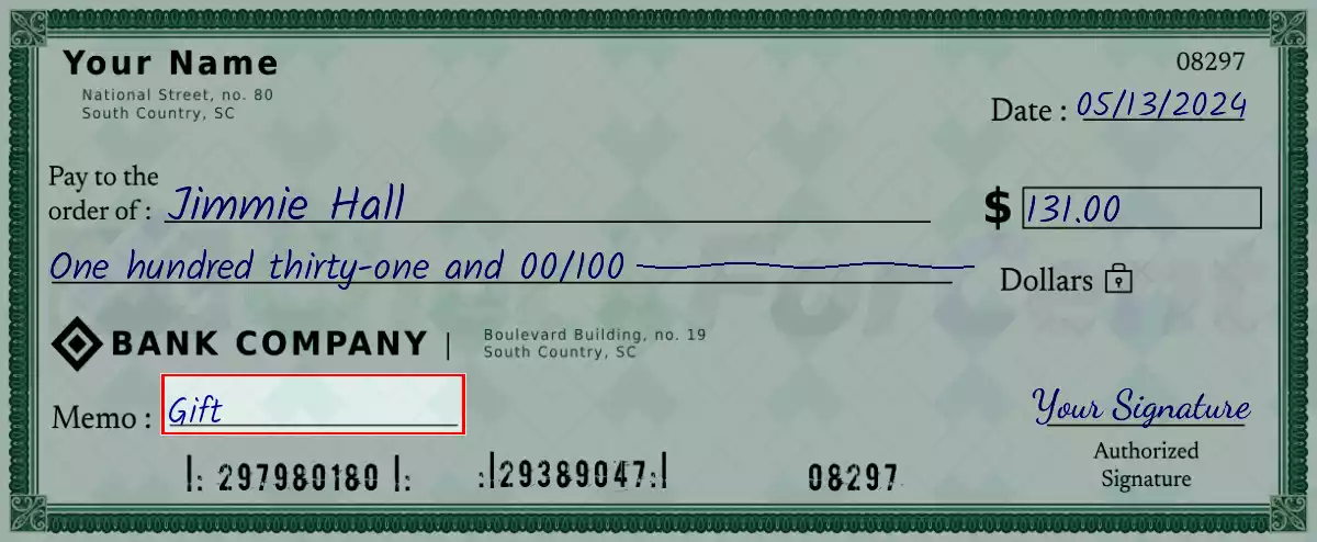 Write the purpose of the 131 dollar check