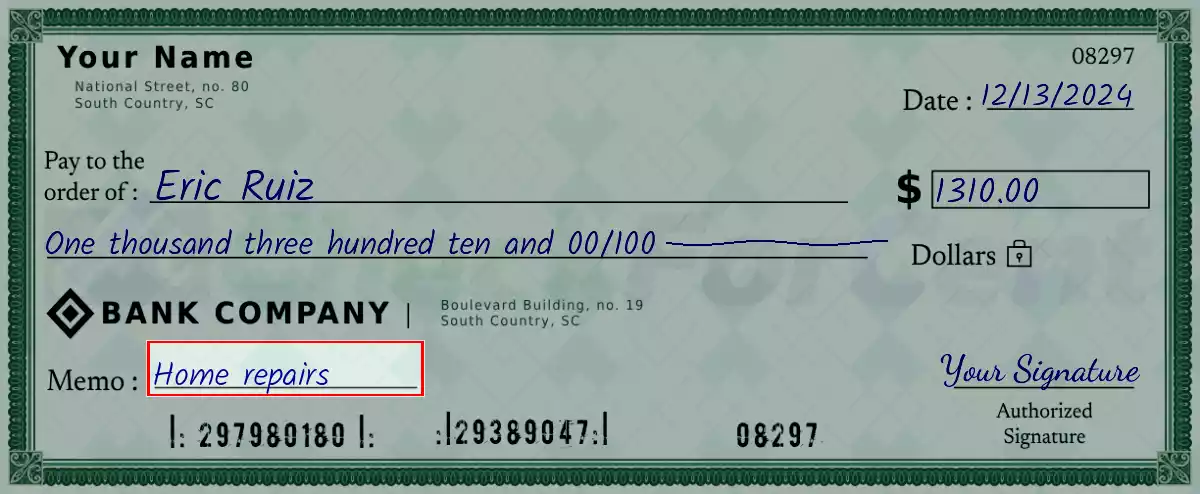 Write the purpose of the 1310 dollar check