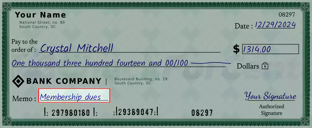 Write the purpose of the 1314 dollar check