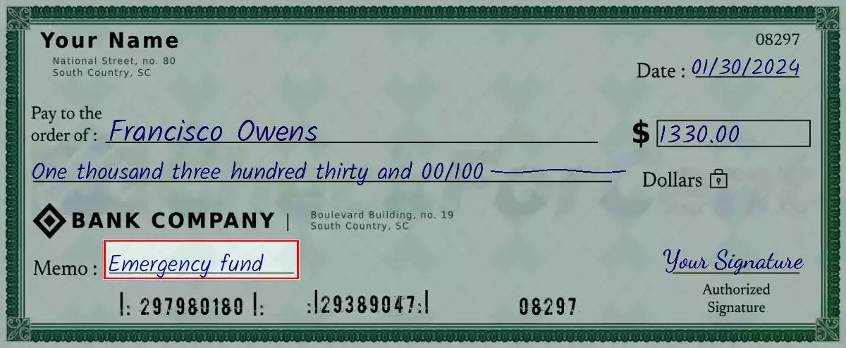Write the purpose of the 1330 dollar check