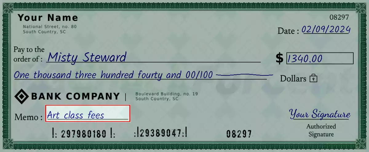 Write the purpose of the 1340 dollar check