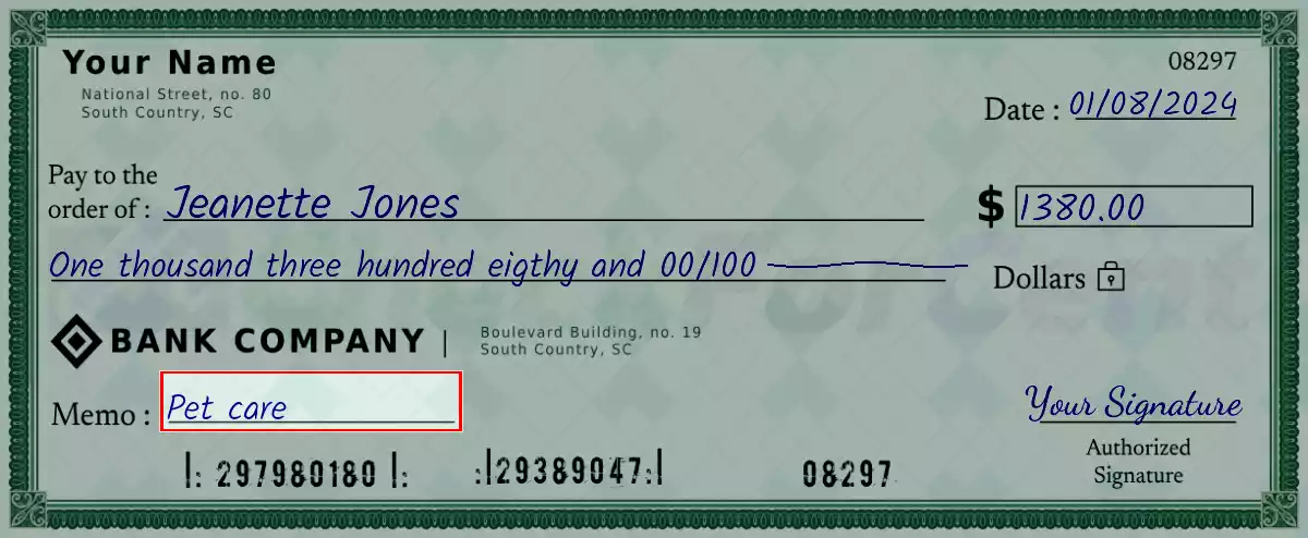 Write the purpose of the 1380 dollar check