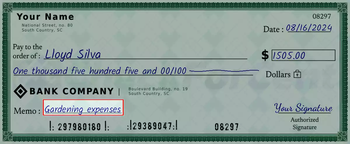 Write the purpose of the 1505 dollar check