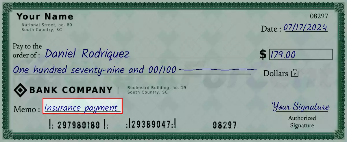 Write the purpose of the 179 dollar check