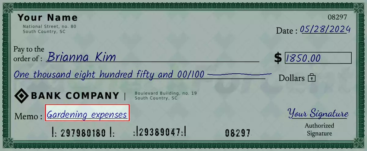 Write the purpose of the 1850 dollar check