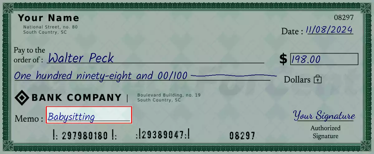 Write the purpose of the 198 dollar check
