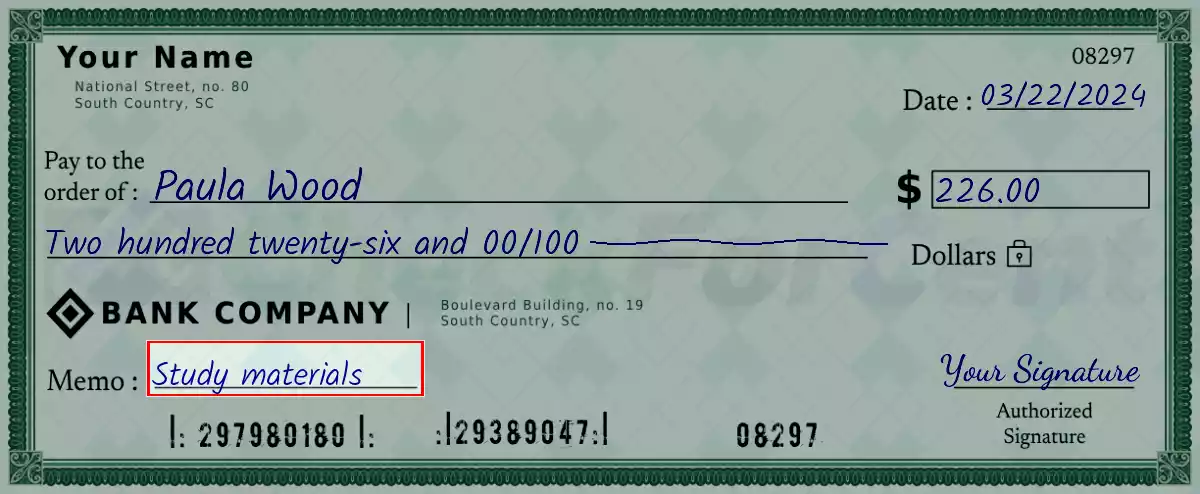 Write the purpose of the 226 dollar check