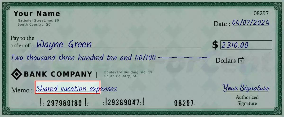 Write the purpose of the 2310 dollar check