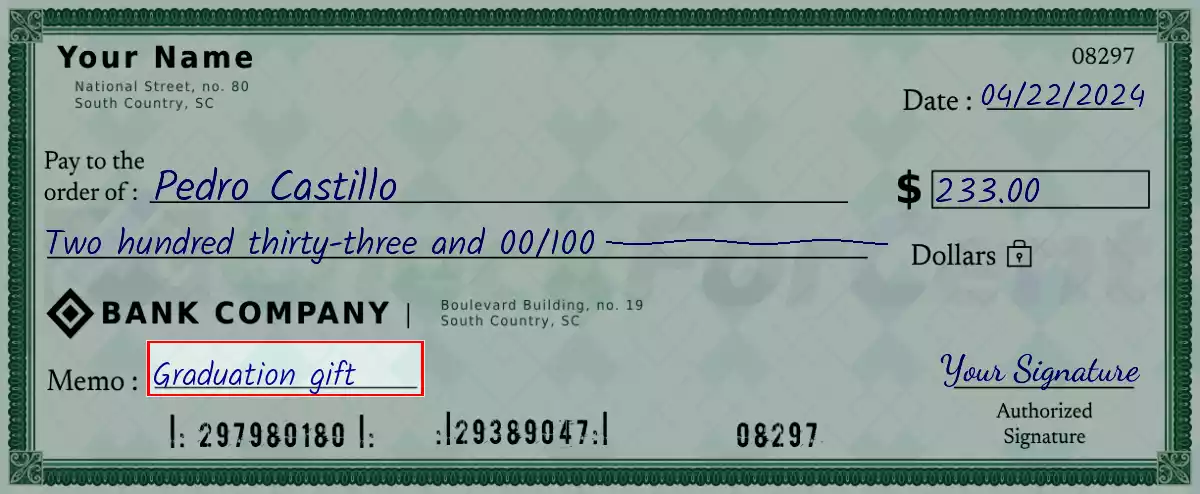 Write the purpose of the 233 dollar check