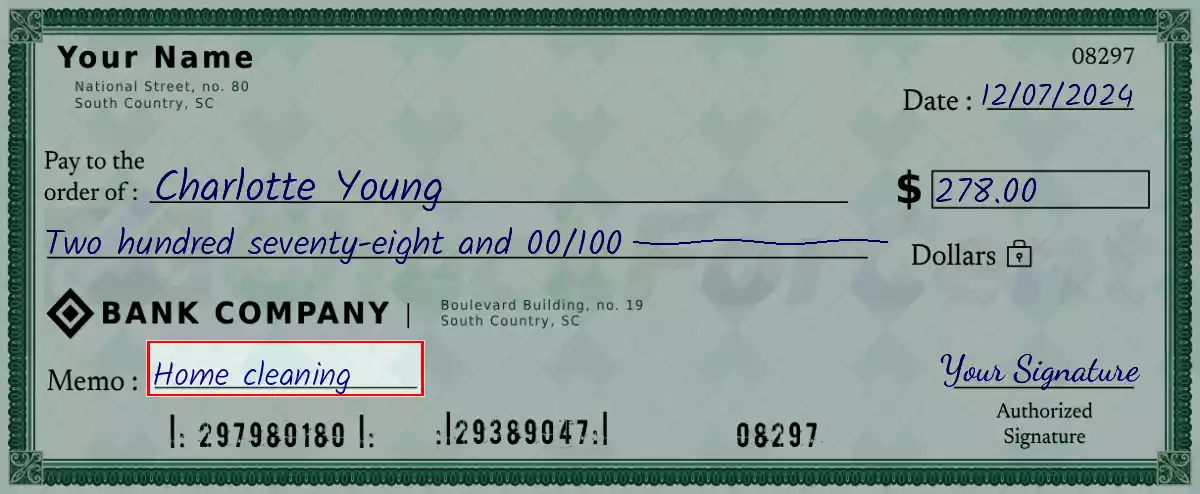 Write the purpose of the 278 dollar check