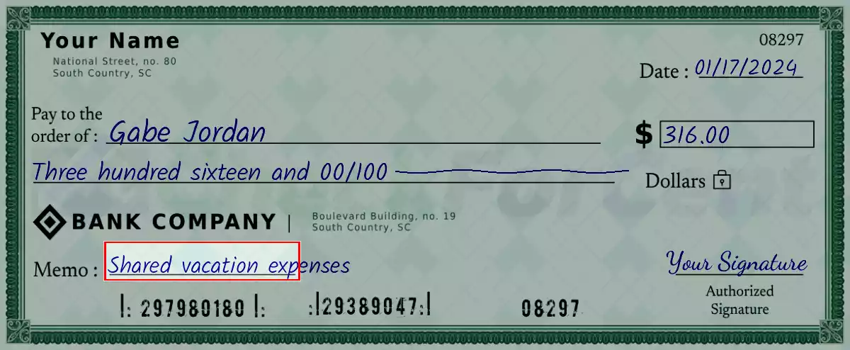 Write the purpose of the 316 dollar check