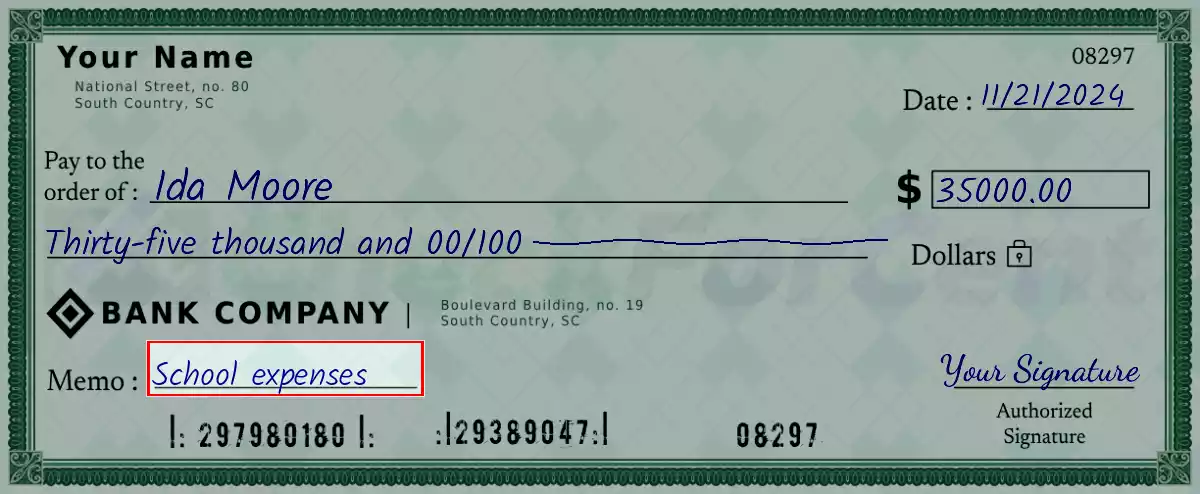 Write the purpose of the 35000 dollar check