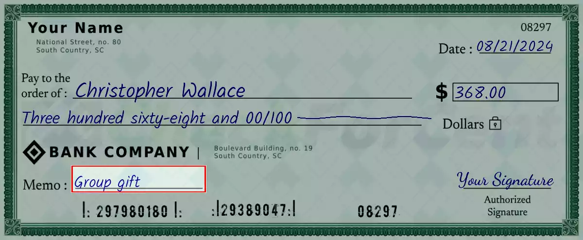 Write the purpose of the 368 dollar check
