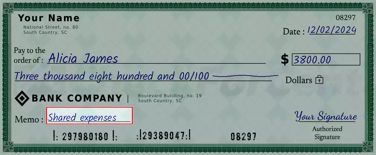 Write the purpose of the 3800 dollar check
