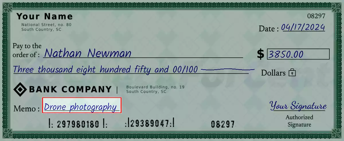 Write the purpose of the 3850 dollar check