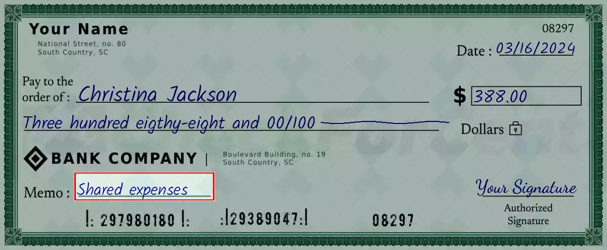 Write the purpose of the 388 dollar check