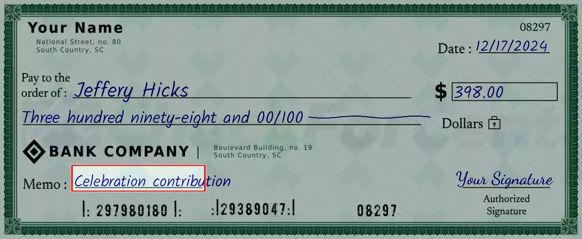 Write the purpose of the 398 dollar check